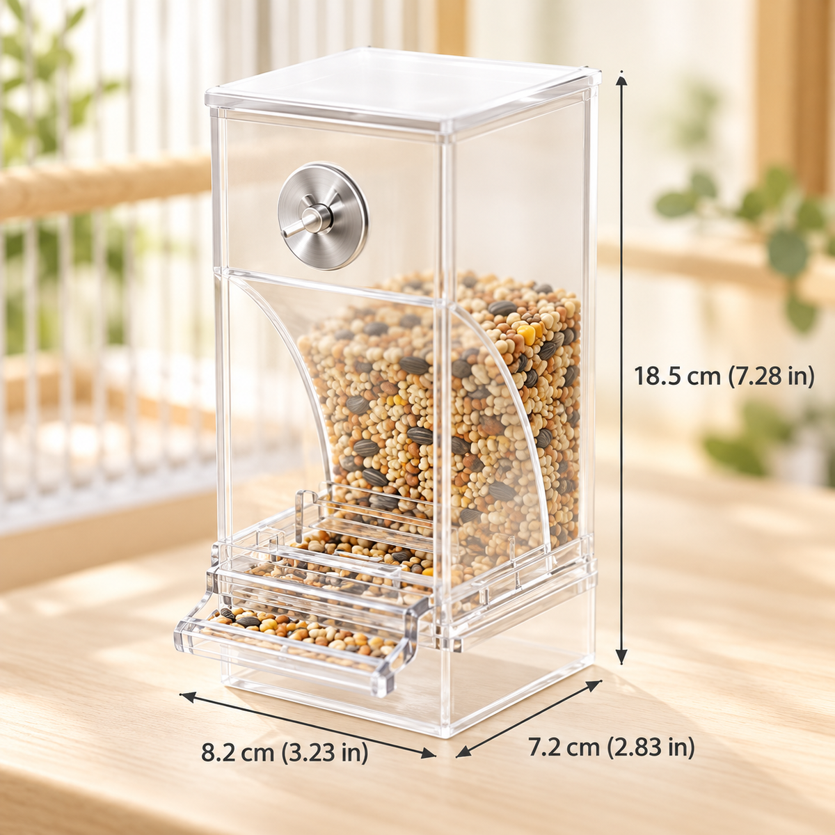 Transparent Bird Seed Feeder with Spill-Reducing Design