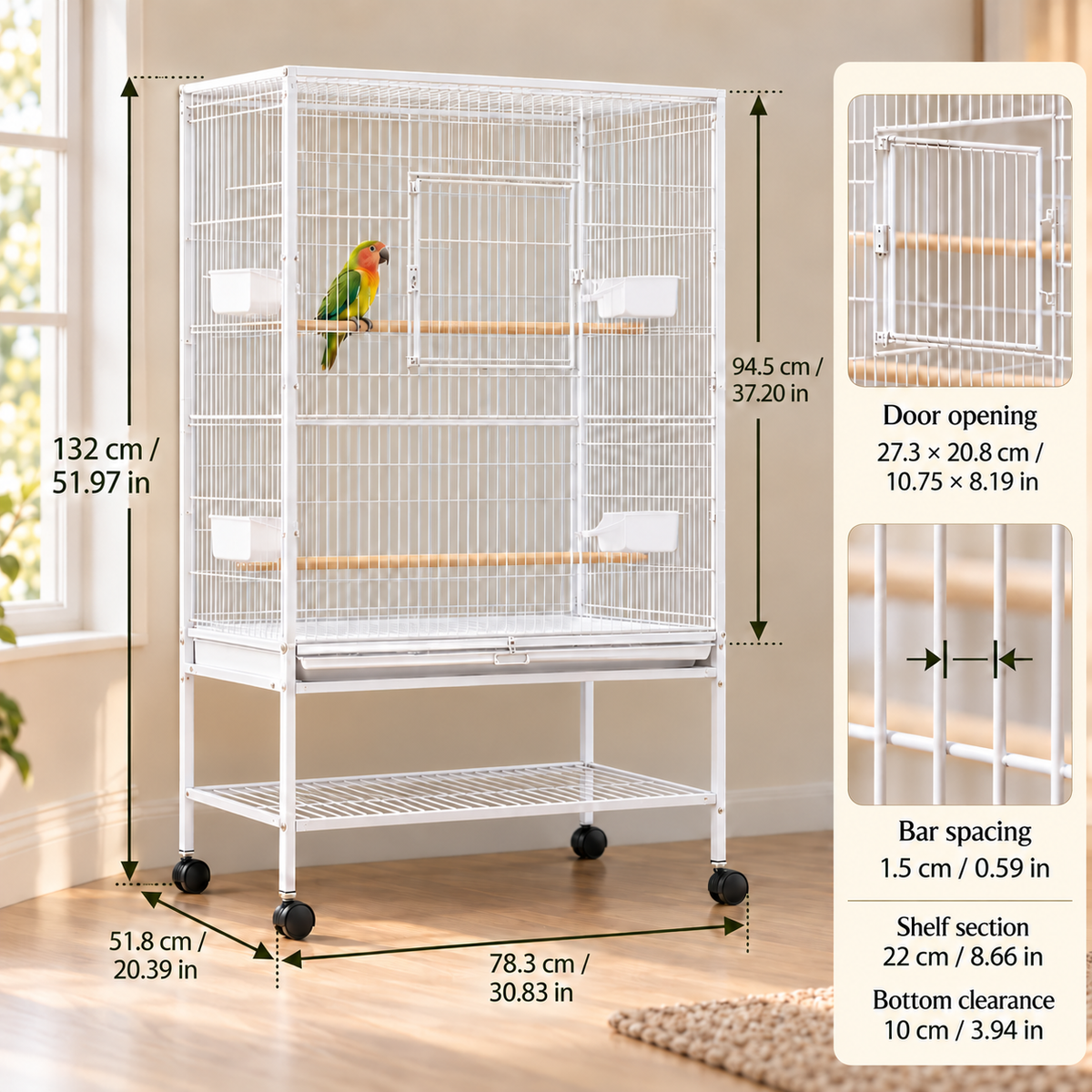 Large Rolling Metal Bird Cage with Perches & Feeders