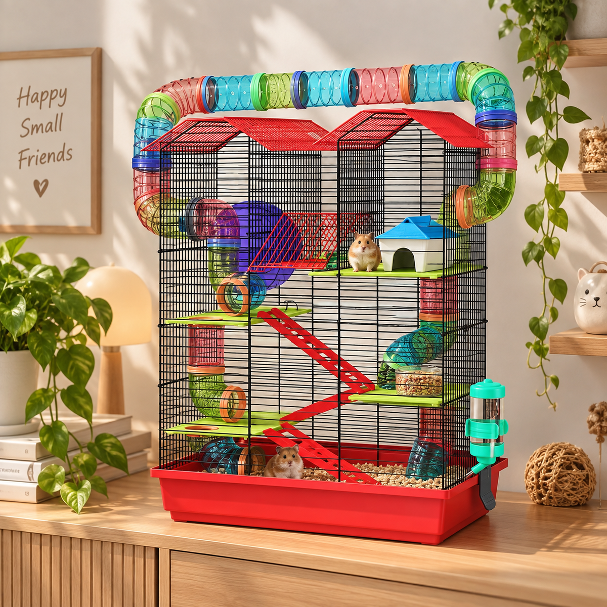 PawHut Hamster Cage – 2-Level with Wheel, Tunnel & Accessories – 47x30x59cm