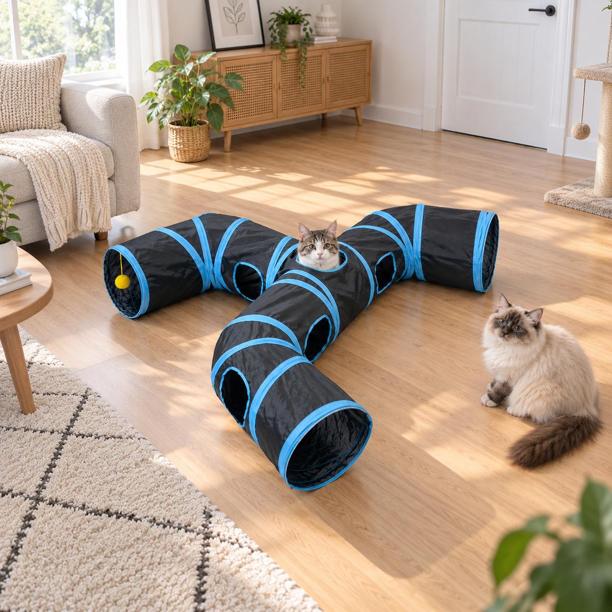 Three-Way Cat Tunnel – Foldable Polyester Play Tunnel for Indoor Cats