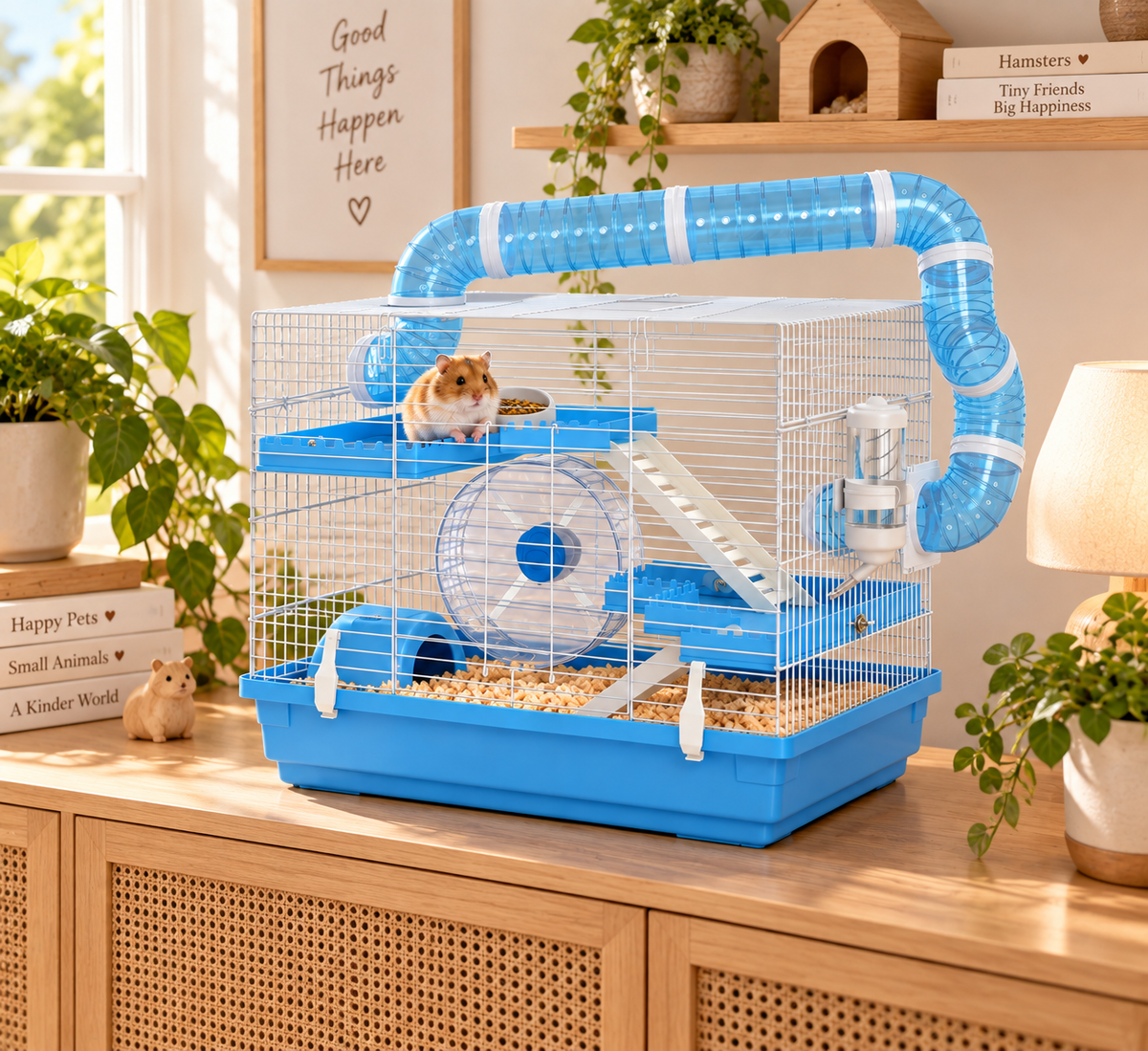 PawHut Portable Hamster Cage – 3 Levels with Wheel, Cabin & Accessories