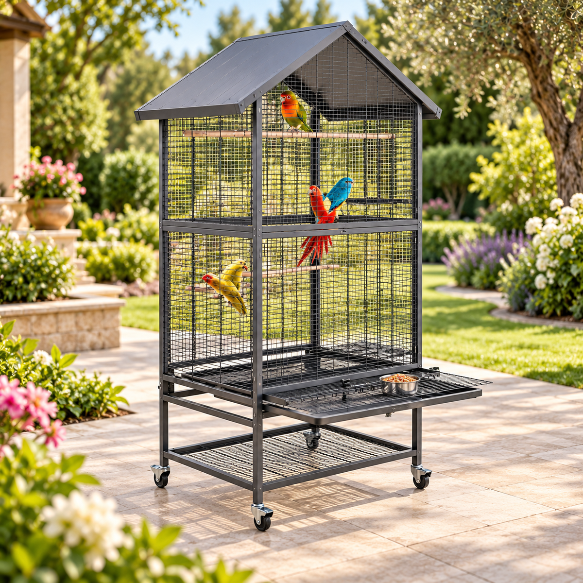 Large Rolling Bird Cage with Stand, Perches & Feeding Bowls
