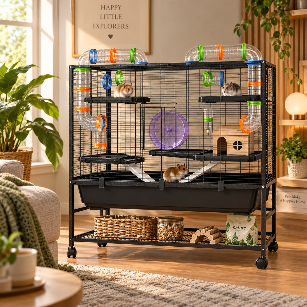 XXL Hamster Cage – 109x82x46cm Metal Black with Tubes, Wheel, Platforms & Accessories