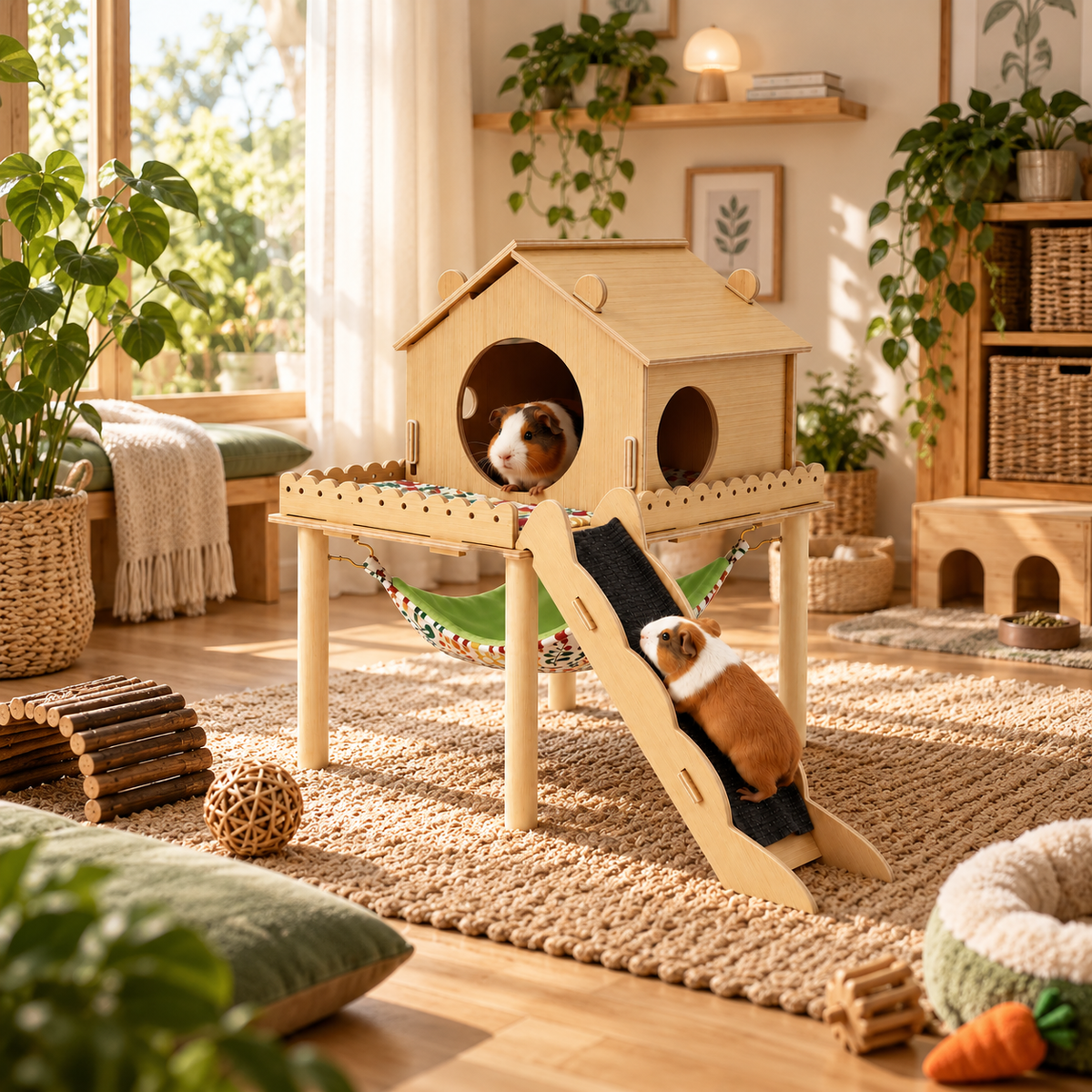 3-in-1 Wooden Guinea Pig Hideout – House with Stairs, Hammock & Chew Toys