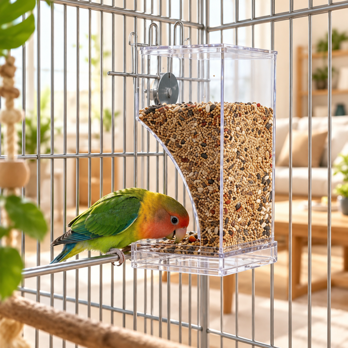 Transparent Bird Seed Feeder with Spill-Reducing Design