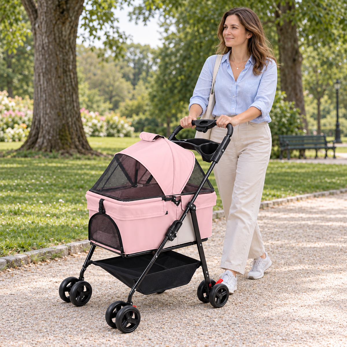 Pet Stroller with Adjustable Canopy & Storage Basket