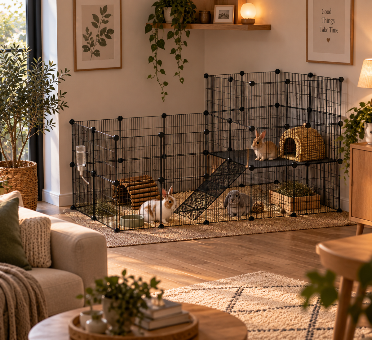 PawHut 2-Level Modular Small Animal Enclosure – 39 Panels with Ramp | Black Steel | Guinea Pigs, Rabbits & Hedgehogs