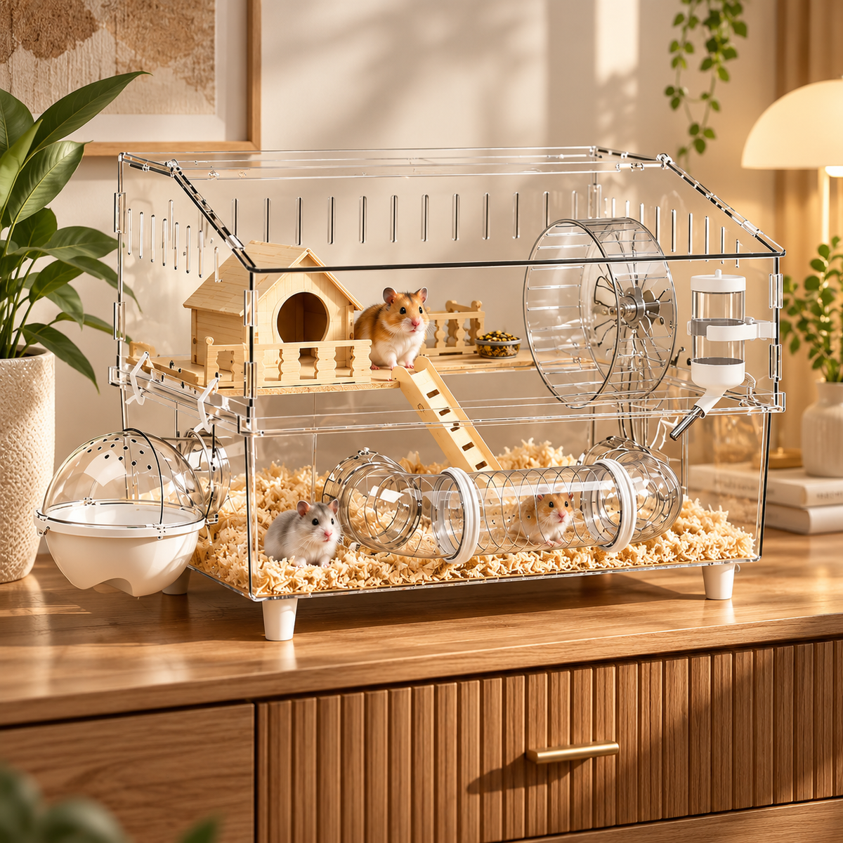 Large Acrylic Hamster Cage – 360° Panoramic View, 2 Levels with Full Accessories