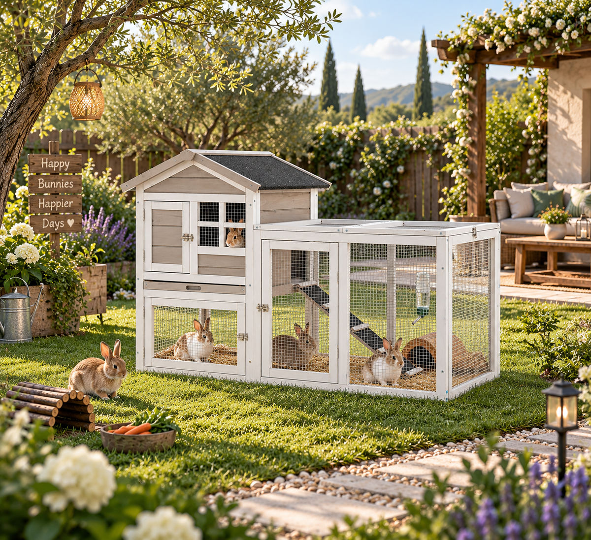 PawHut 2-Level Rabbit Hutch – Wooden Outdoor Cage with Ramp, Run & Sliding Tray | Grey
