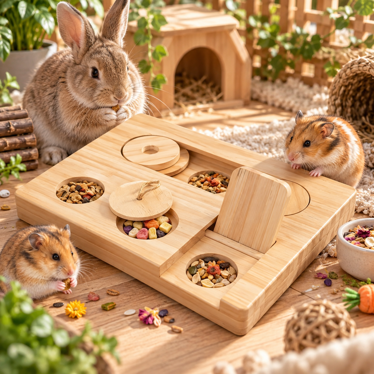 Wooden Foraging Puzzle Toy – 6-in-1 Enrichment Game for Hamsters & Small Pets