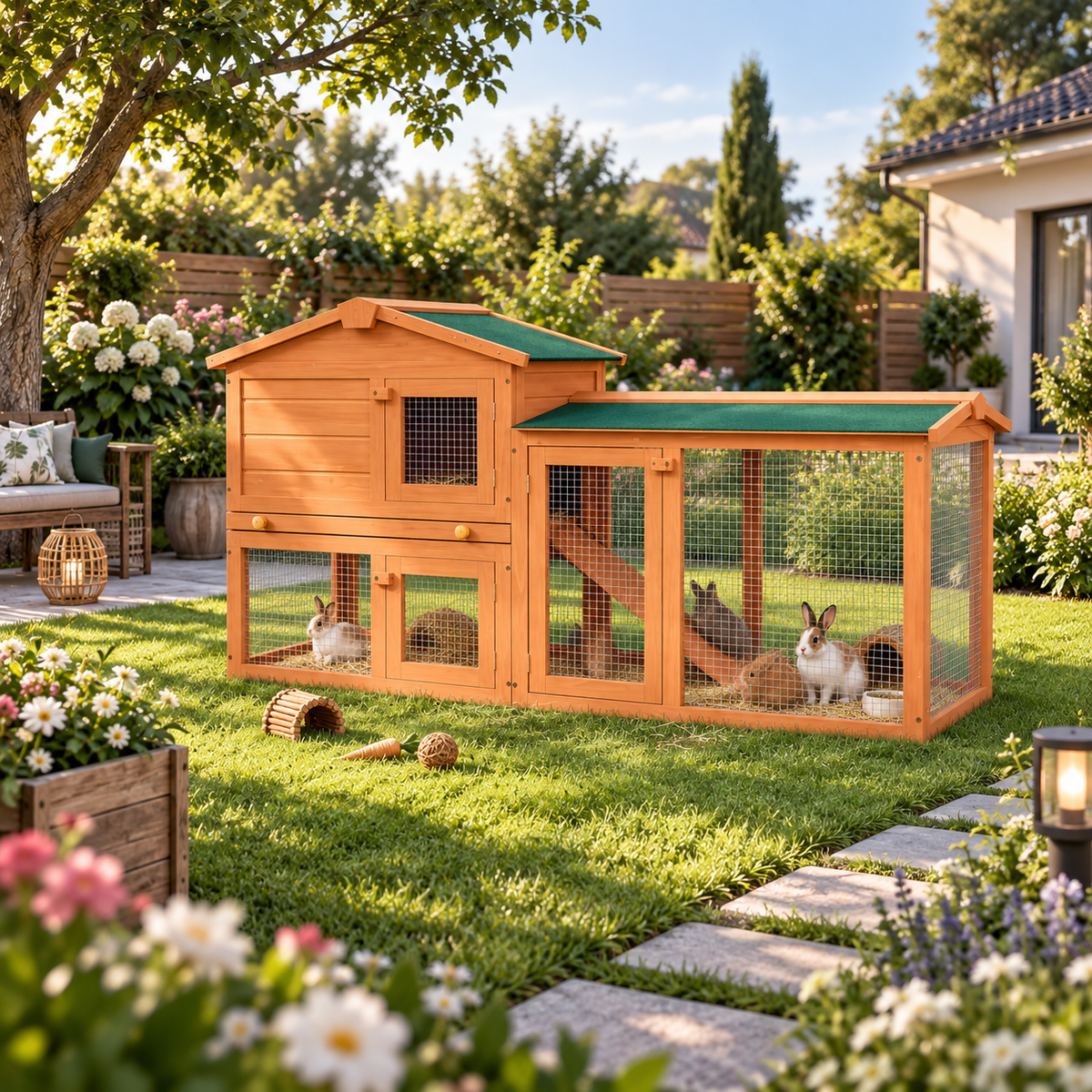 Large 2-Level Rabbit Hutch – Wooden & Metal Outdoor Pet Cage for Rabbits & Small Animals