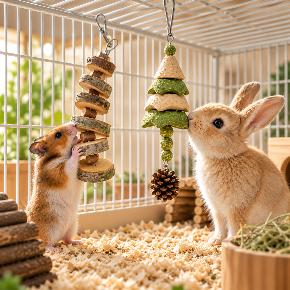 Natural Wood Chew Toy for Small Pets | Apple Wood String & Tower Style | Rabbits, Hamsters, Guinea Pigs & Chinchillas