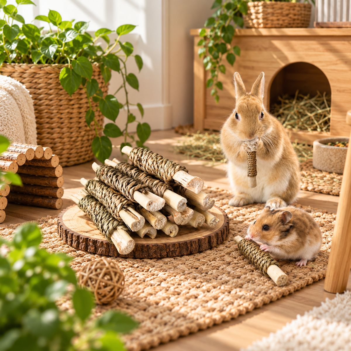 Natural Bamboo & Seagrass Chew Toys for Small Pets – Pack of 15 | Rabbits, Guinea Pigs, Chinchillas & Hamsters