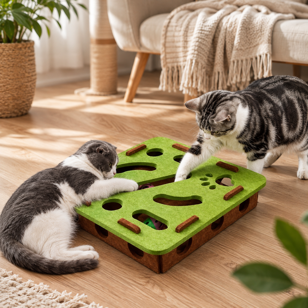 Interactive Cat Puzzle Toy Box – Felt Activity Board with Ball for Indoor Cats