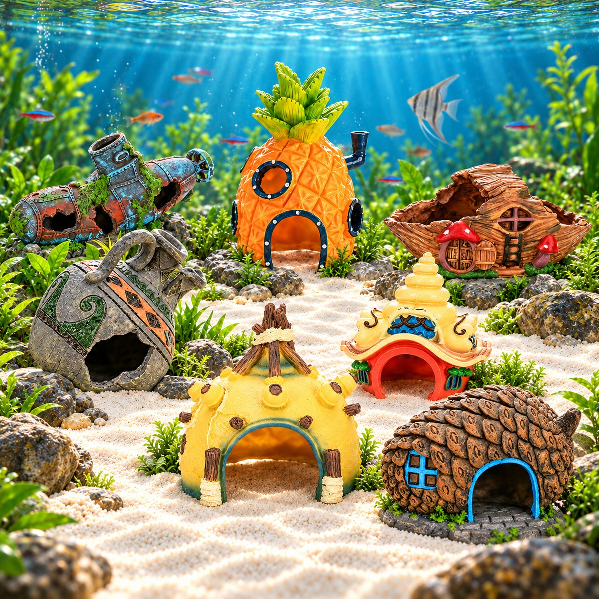 Resin Aquarium Hideout Ornaments for Betta Fish & Shrimp