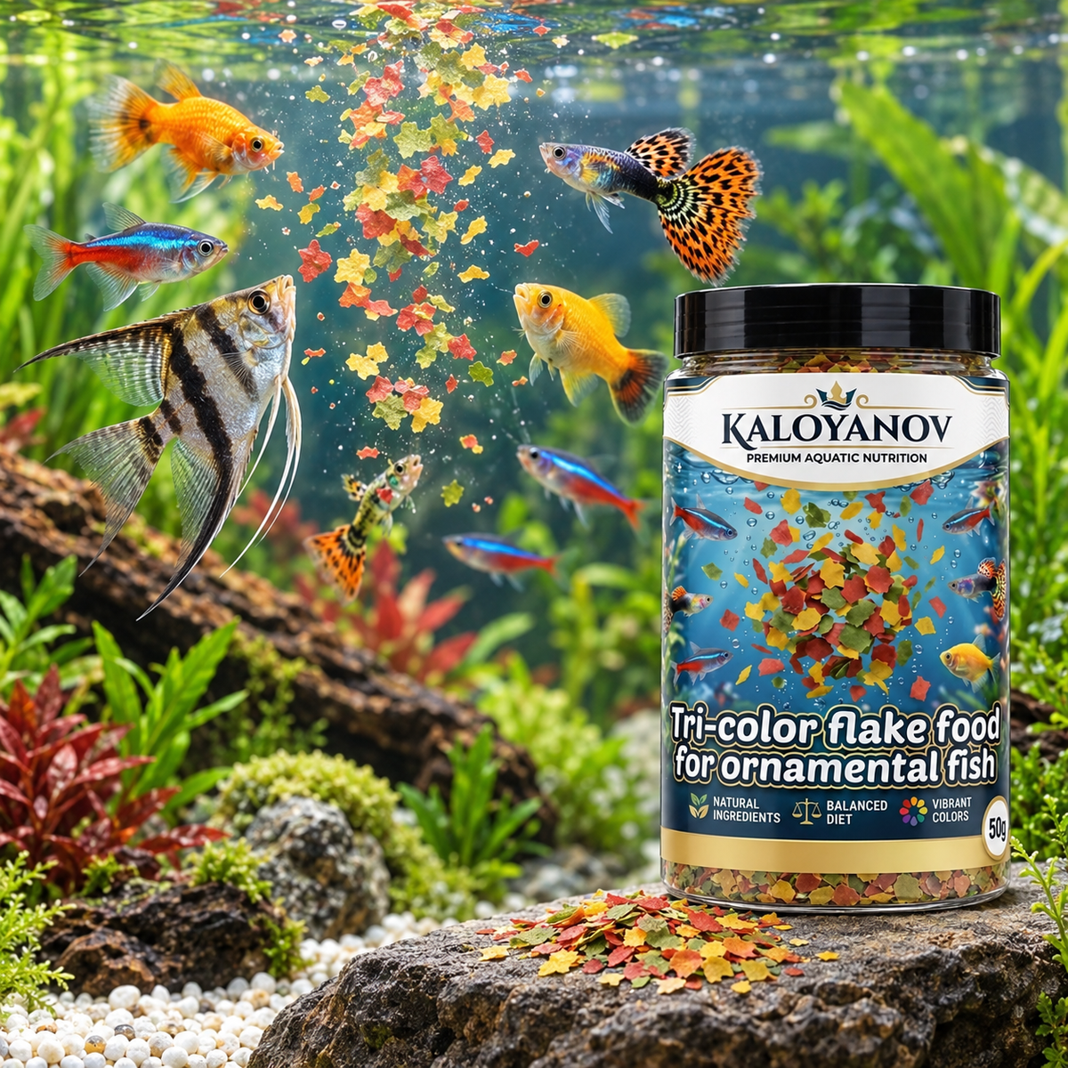 3-Color Flakes Fish Food for Tropical Fish & Goldfish
