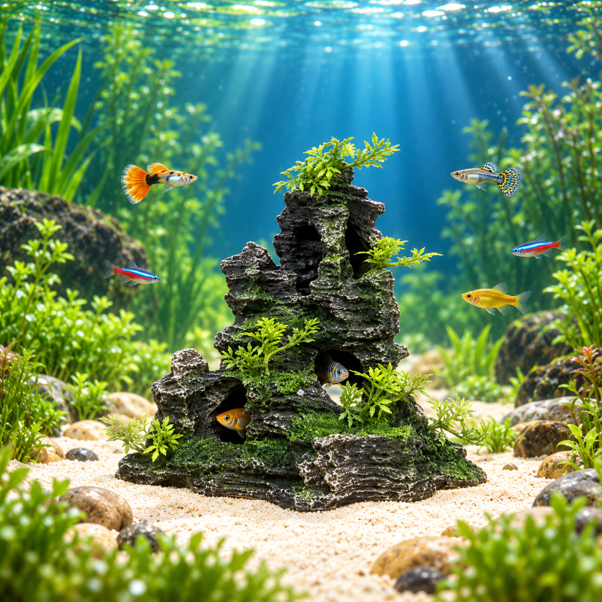 Mountain Landscape Aquarium Ornament with Fish Hideout Caves