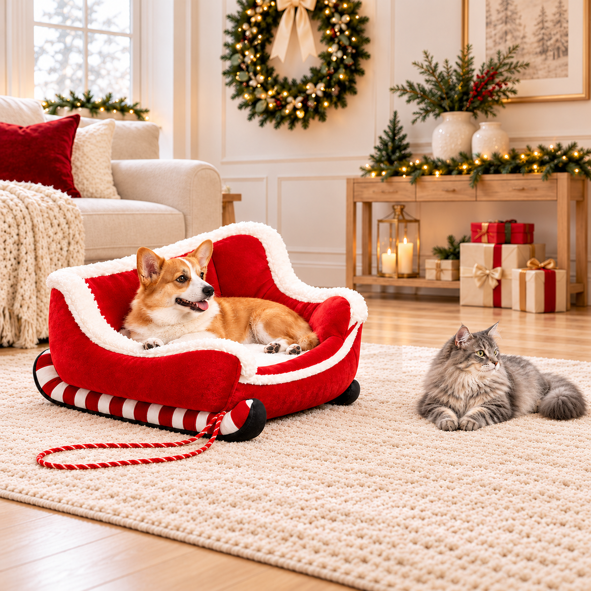 Christmas Sleigh Pet Bed for Cats & Small Dogs