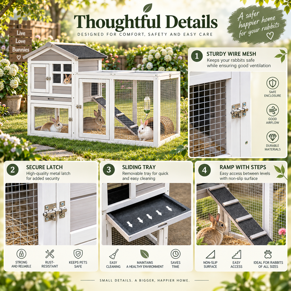PawHut 2-Level Rabbit Hutch – Wooden Outdoor Cage with Ramp, Run & Sliding Tray | Grey