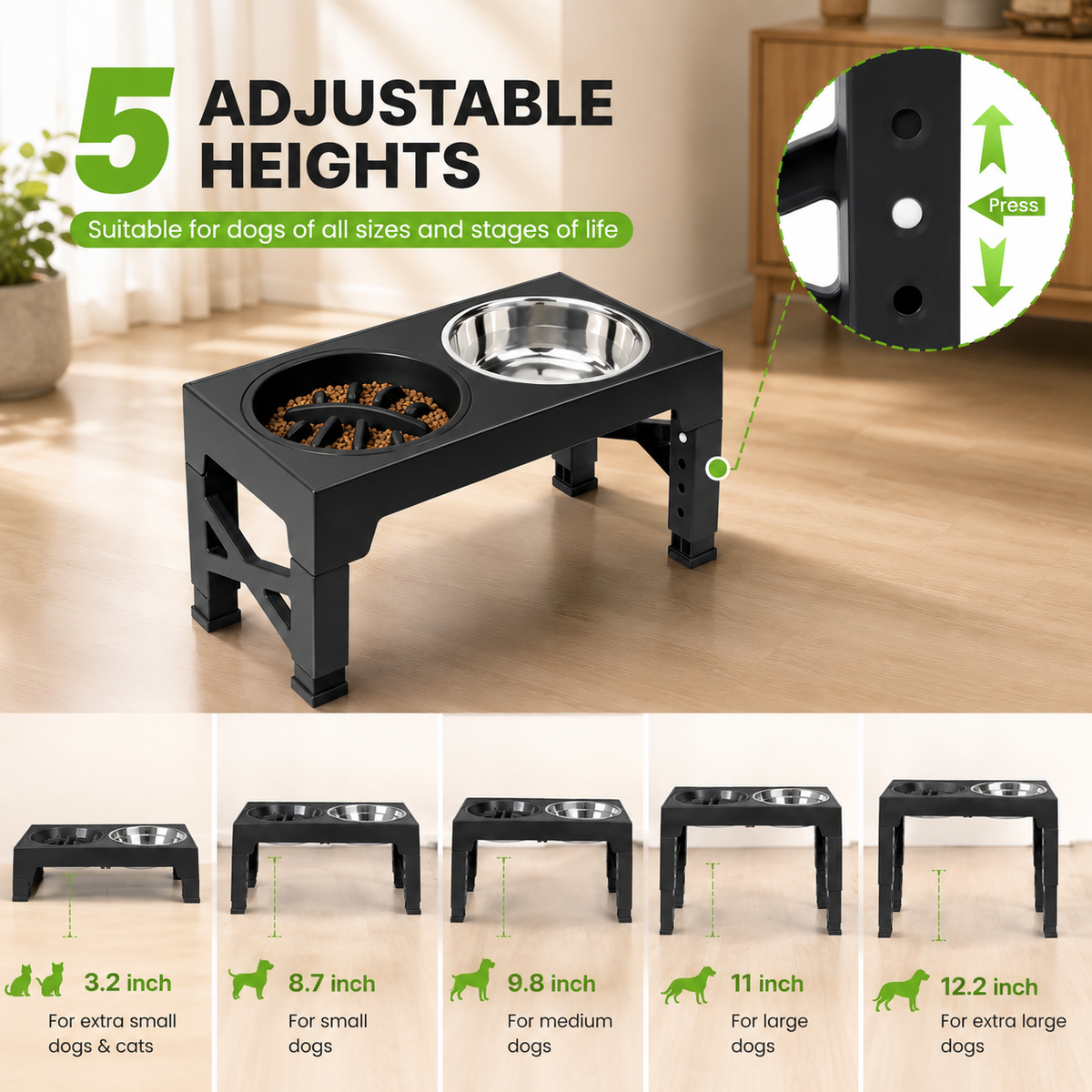 WiniBoop Elevated Pet Feeder – Adjustable Raised Stand with Double Stainless Steel Bowls