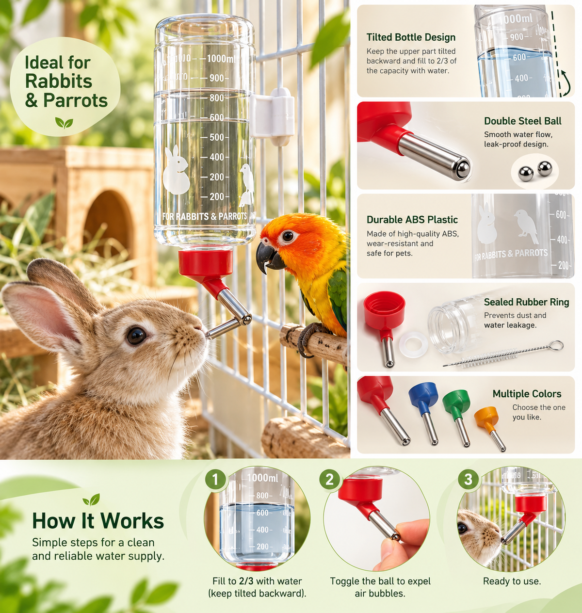 Automatic Hanging Water Bottle for Small Animals – 1000ml | Rabbits, Guinea Pigs & Parrots