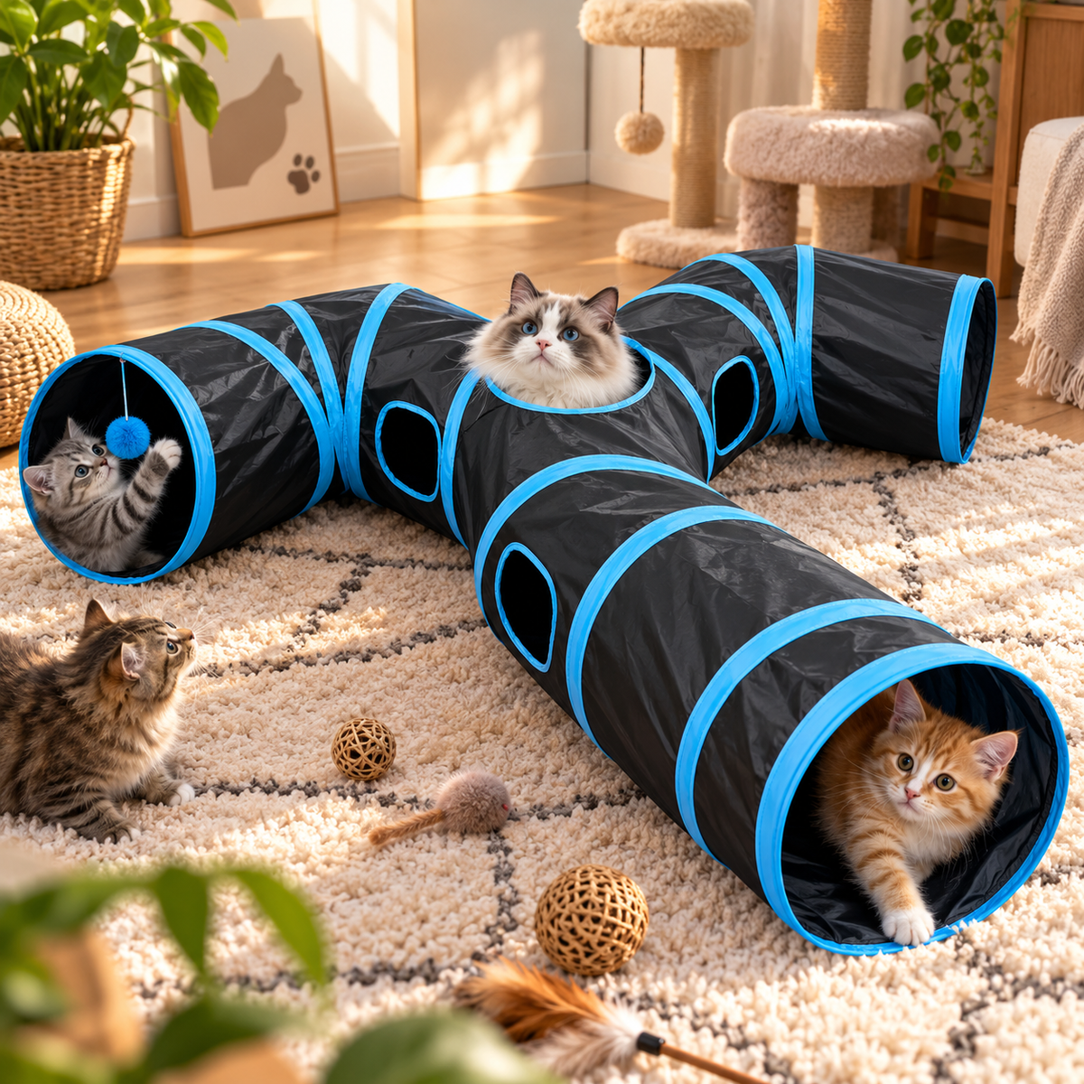 Three-Way Cat Tunnel – Foldable Polyester Play Tunnel for Indoor Cats