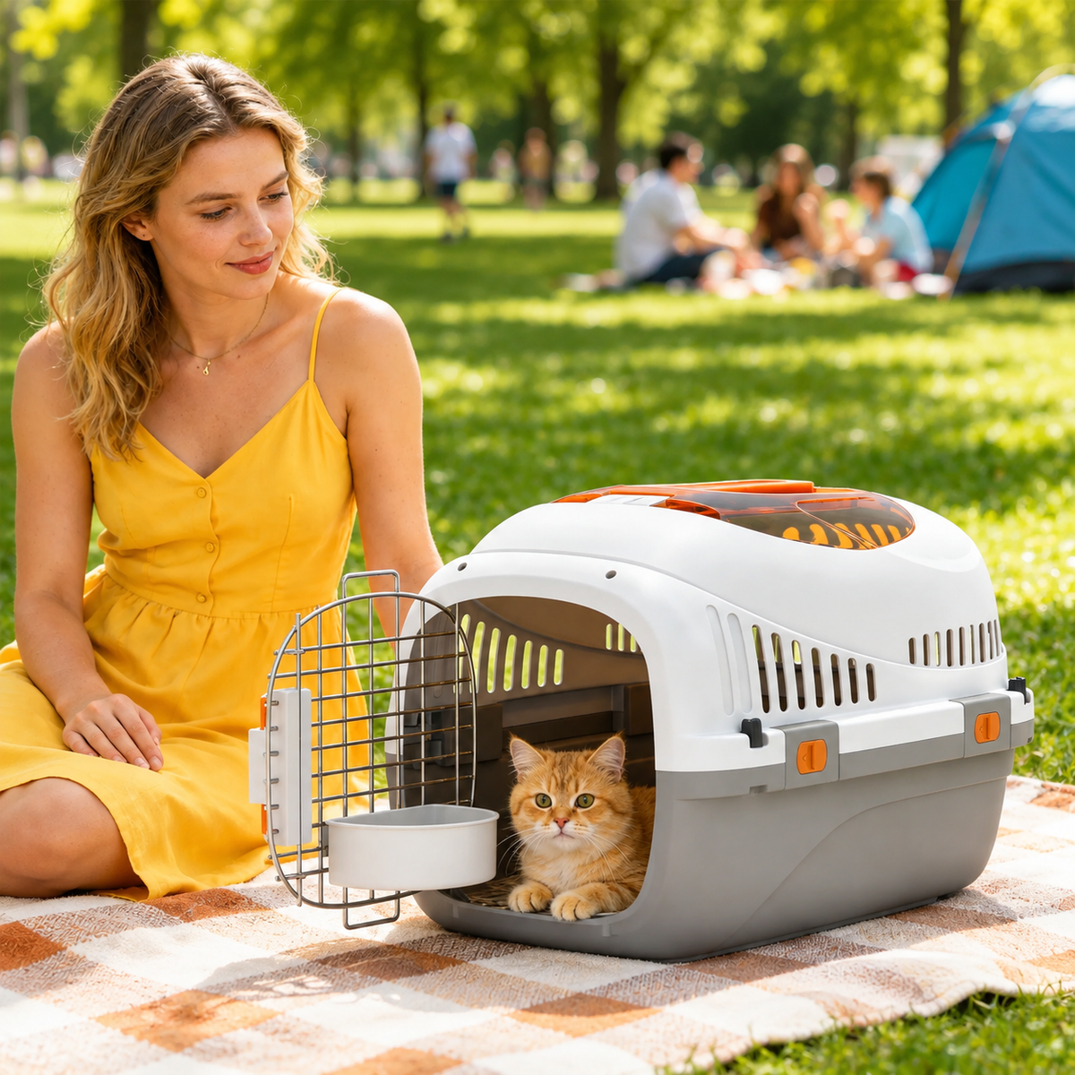 PawHut Cat & Small Dog Transport Crate – Steel Door, Food Bowl Included