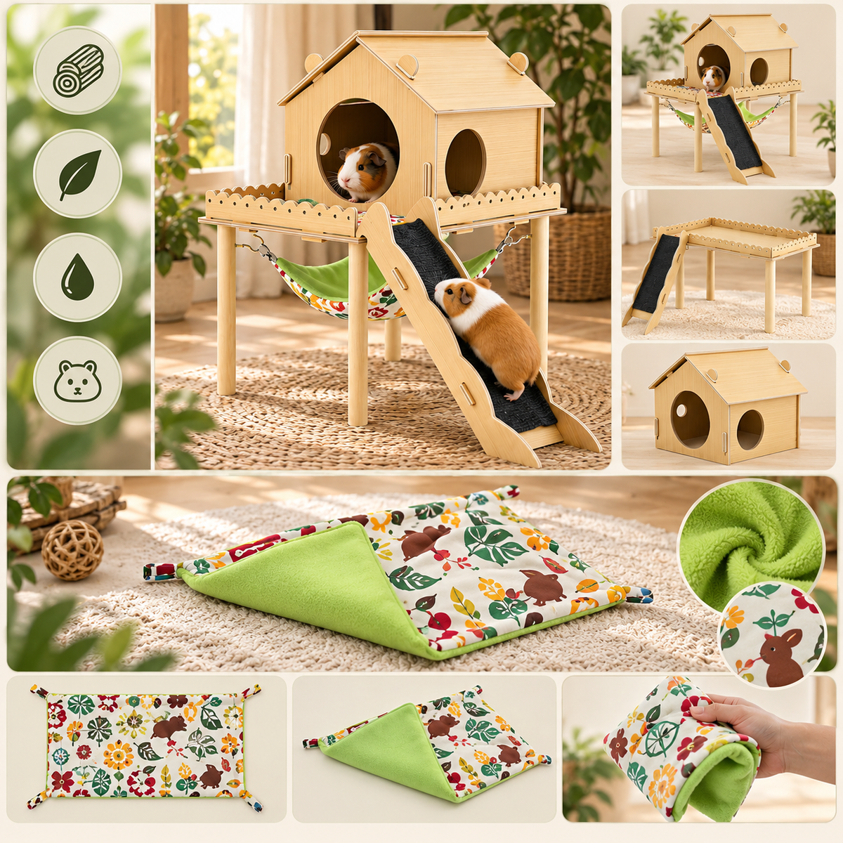 3-in-1 Wooden Guinea Pig Hideout – House with Stairs, Hammock & Chew Toys