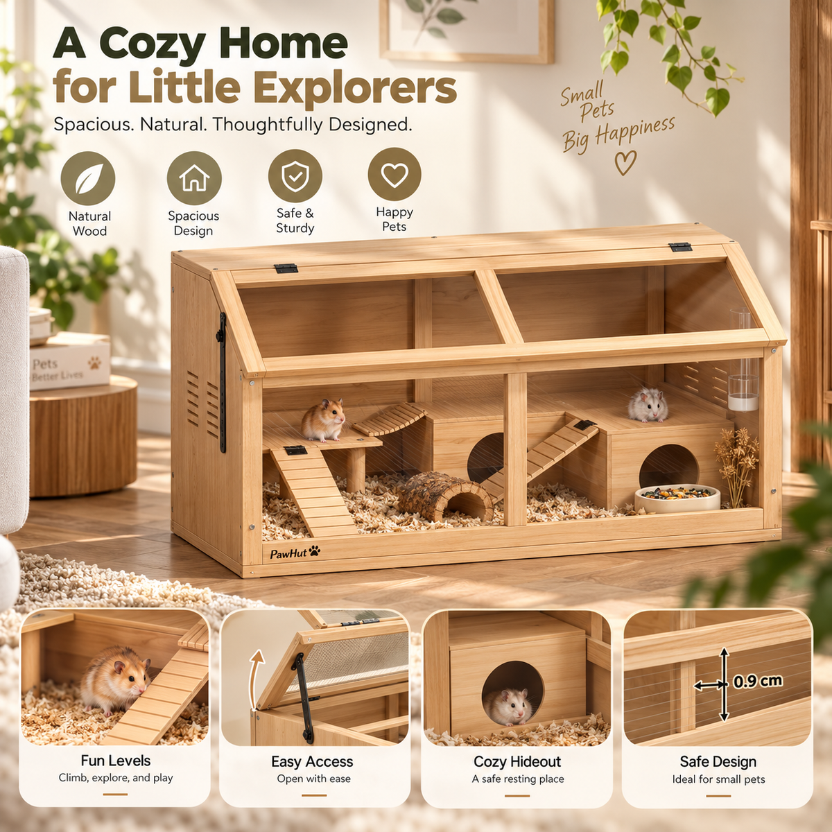 Large Wooden Hamster Cage – 85x45x44cm with Platform, Hanging Bridge & Transparent Panel