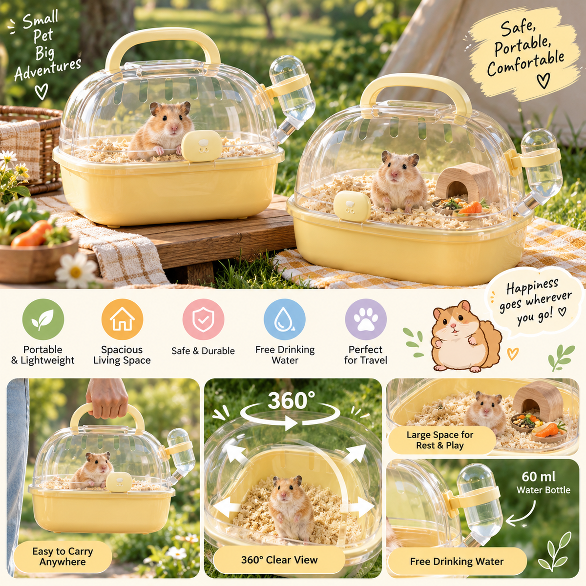 Portable Hamster Travel Carrier – Transparent Mini Cage with Handle
