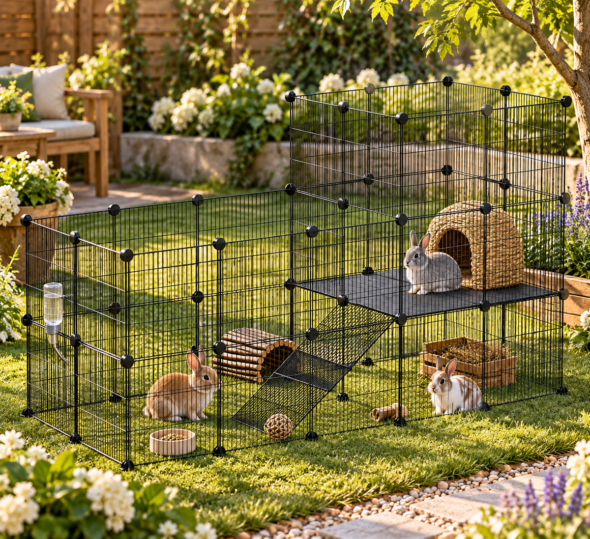 PawHut 2-Level Modular Small Animal Enclosure – 39 Panels with Ramp | Black Steel | Guinea Pigs, Rabbits & Hedgehogs