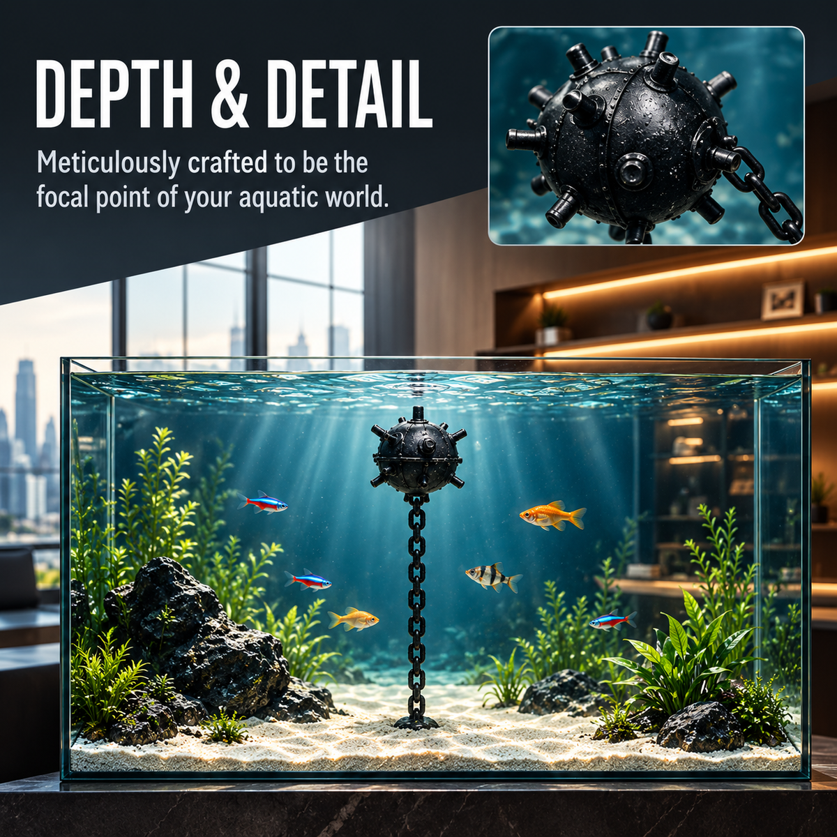 Floating Naval Mine Aquarium Ornament with Chain
