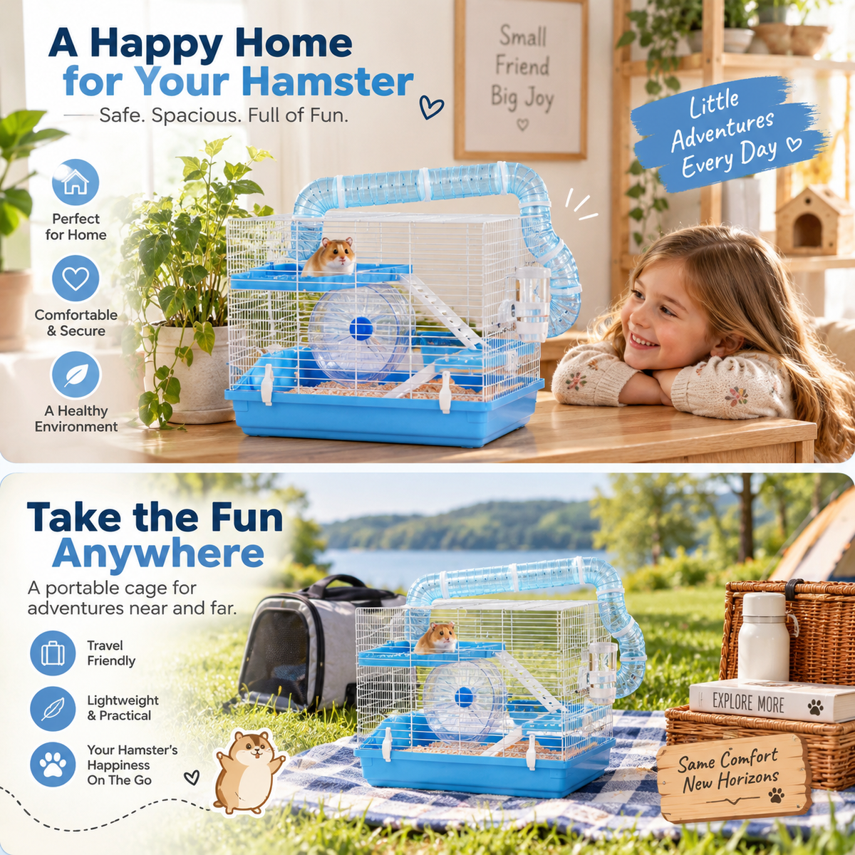 PawHut Portable Hamster Cage – 3 Levels with Wheel, Cabin & Accessories