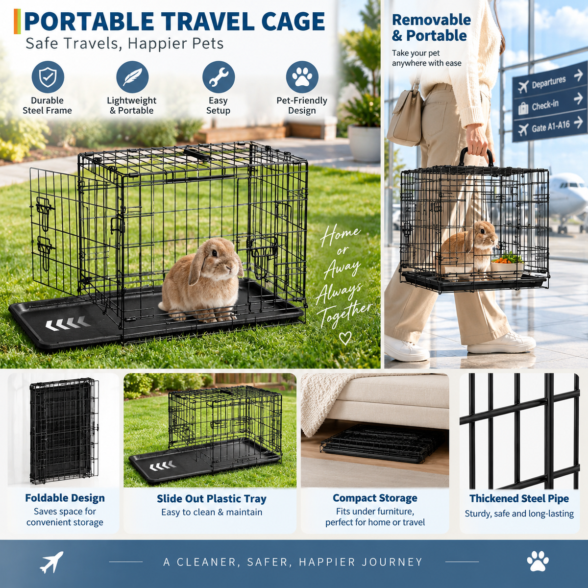 Foldable Pet Cage 60x44x49cm | Portable Travel Crate with Double Lock for Rabbits, Hamsters & Small Animals