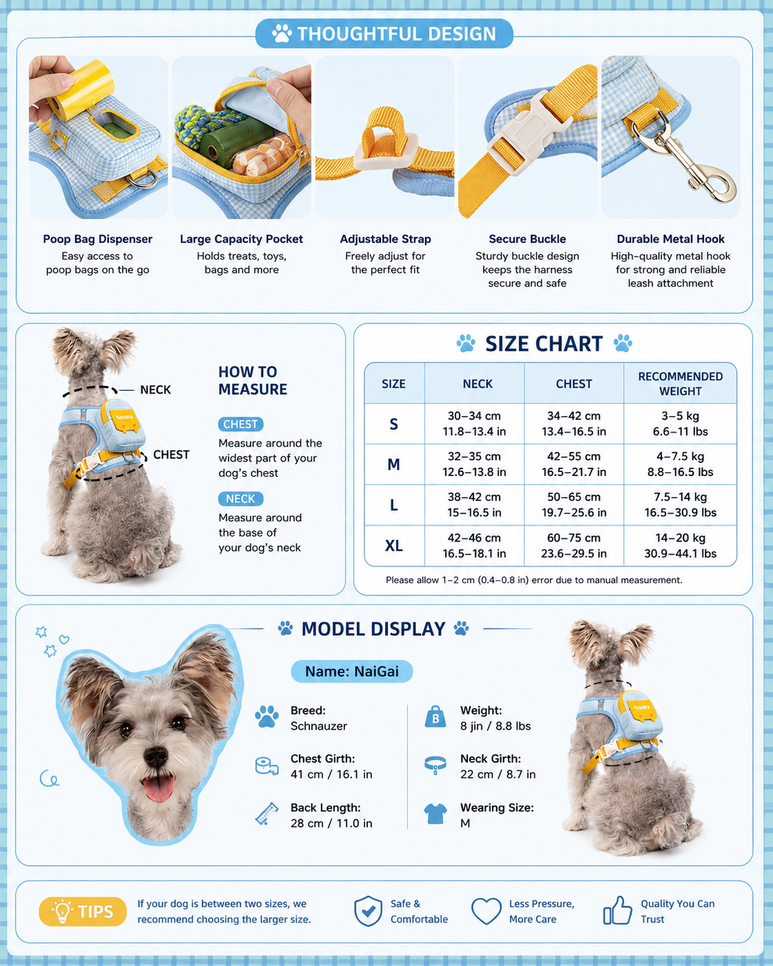 Dog Backpack Harness – Vest with Built-In Bag for Small & Medium Dogs