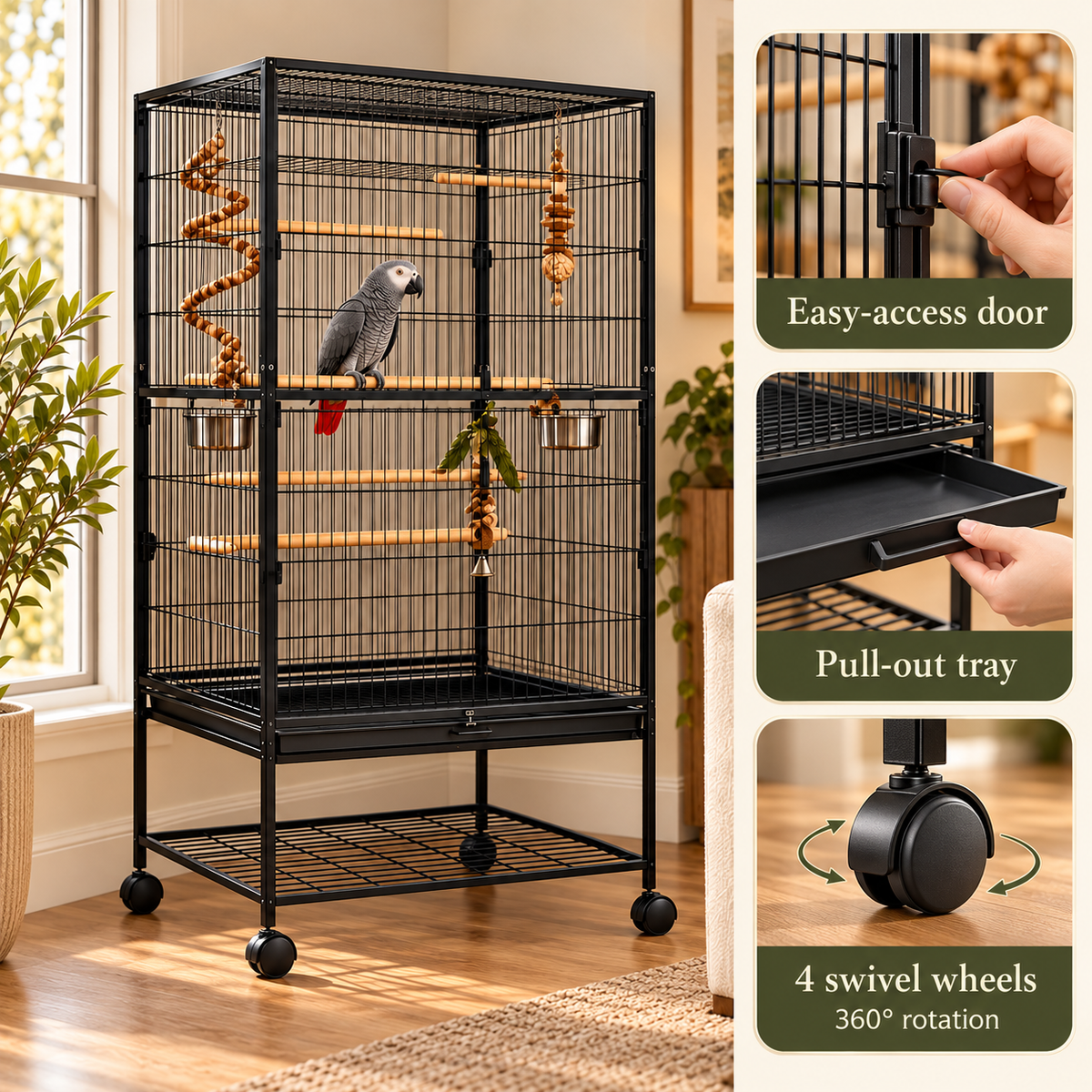 Large Rolling Metal Bird Cage with Perches & Feeders