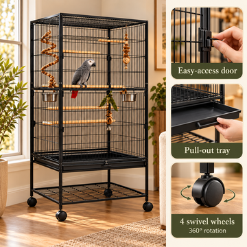 Large Rolling Metal Bird Cage with Perches & Feeders