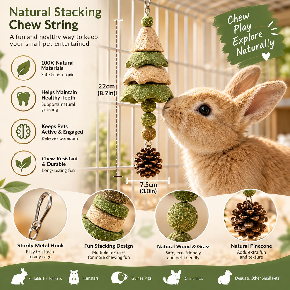 Natural Wood Chew Toy for Small Pets | Apple Wood String & Tower Style | Rabbits, Hamsters, Guinea Pigs & Chinchillas