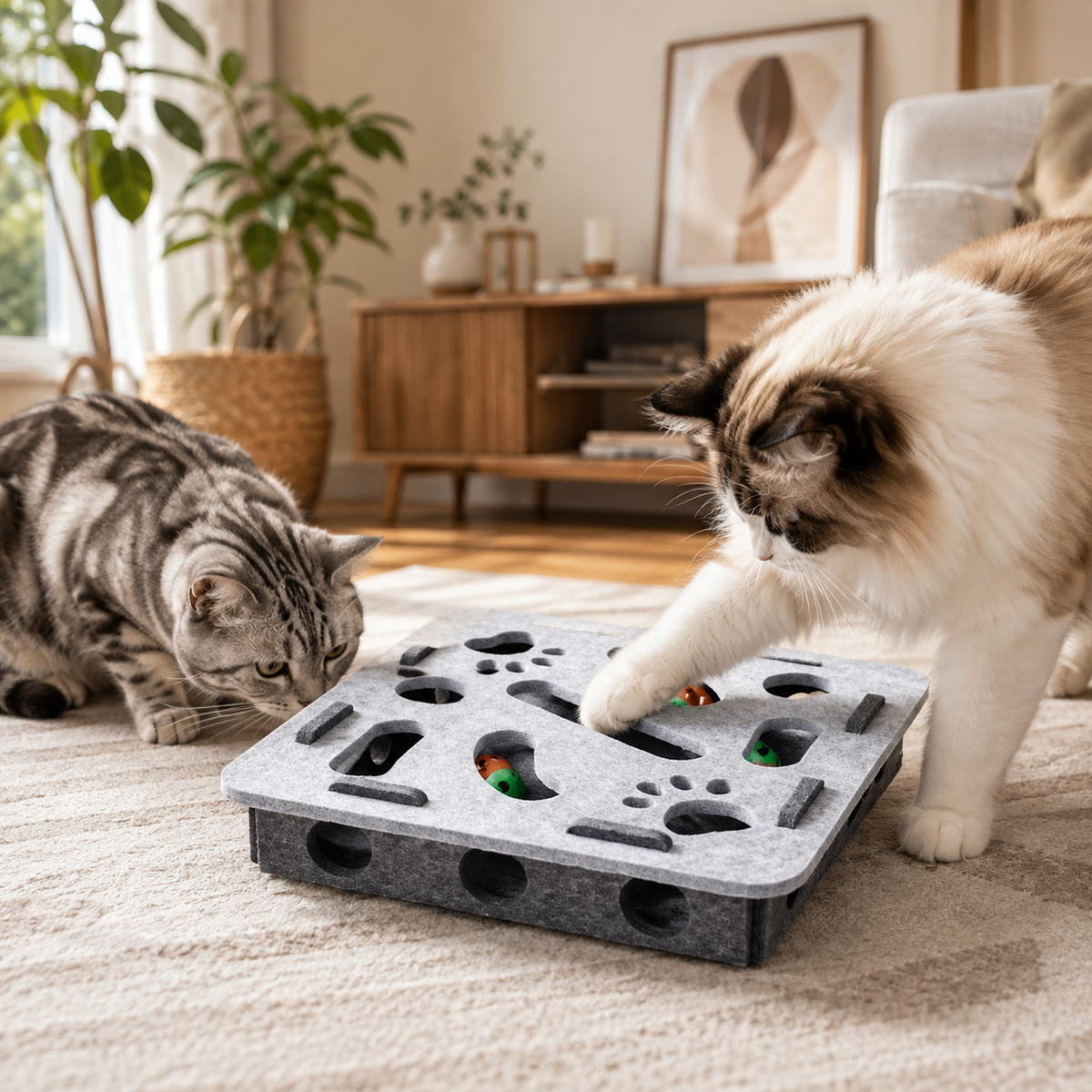 Interactive Cat Puzzle Toy Box – Felt Activity Board with Ball for Indoor Cats