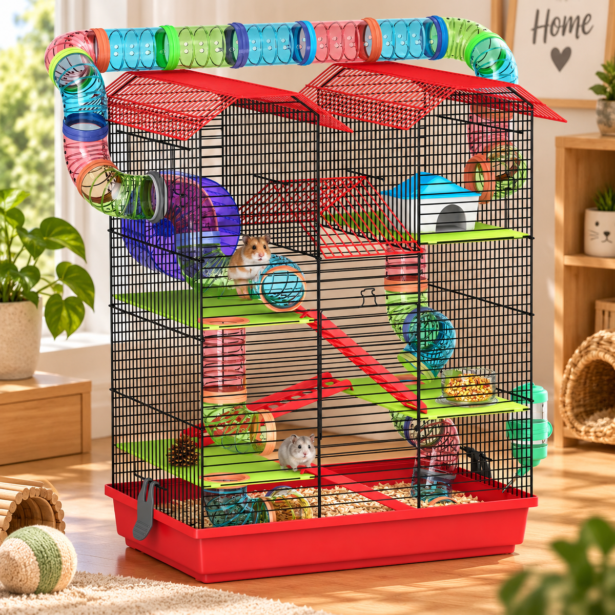 PawHut Hamster Cage – 2-Level with Wheel, Tunnel & Accessories – 47x30x59cm