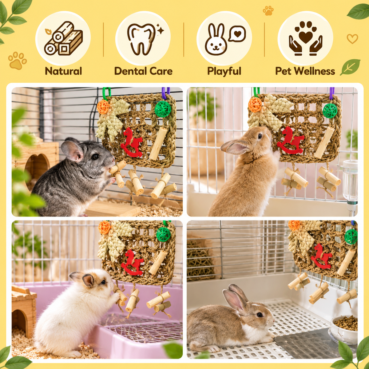 Natural Seagrass Hanging Chew Net – Foraging & Dental Toy for Rabbits, Guinea Pigs, Chinchillas & Hamsters