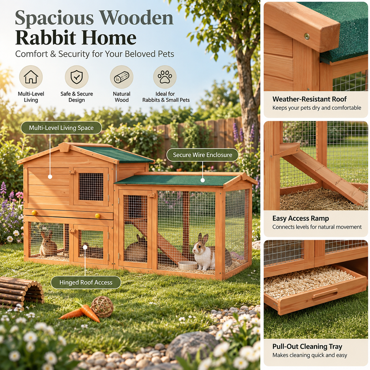 Large 2-Level Rabbit Hutch – Wooden & Metal Outdoor Pet Cage for Rabbits & Small Animals