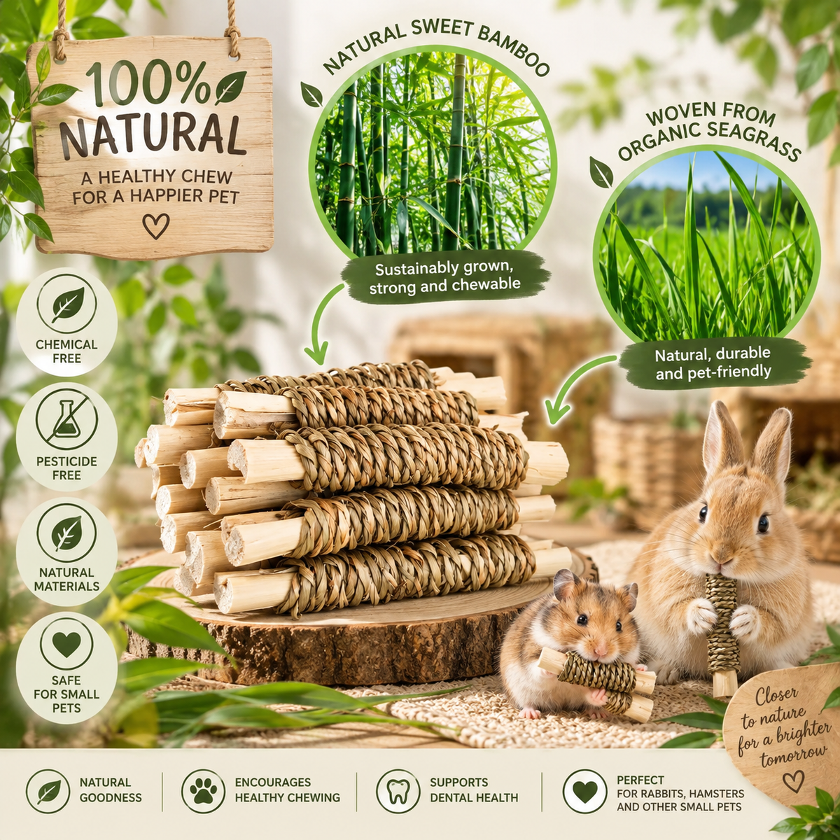 Natural Bamboo & Seagrass Chew Toys for Small Pets – Pack of 15 | Rabbits, Guinea Pigs, Chinchillas & Hamsters