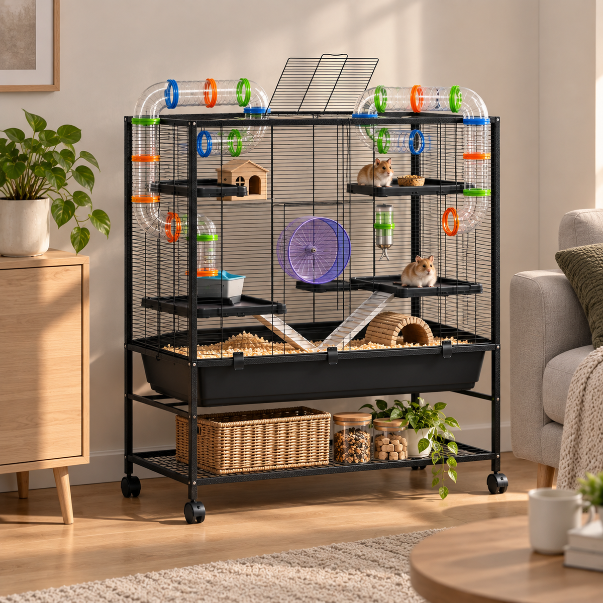 XXL Hamster Cage – 109x82x46cm Metal Black with Tubes, Wheel, Platforms & Accessories