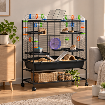 XXL Hamster Cage – 109x82x46cm Metal Black with Tubes, Wheel, Platforms & Accessories