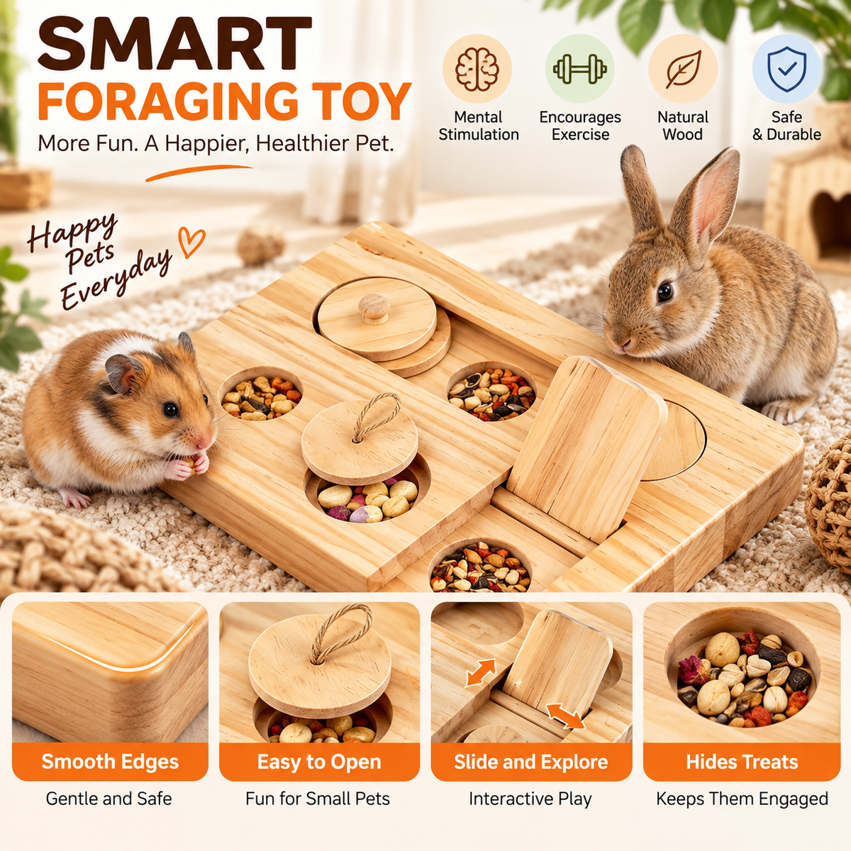 Wooden Foraging Puzzle Toy – 6-in-1 Enrichment Game for Hamsters & Small Pets