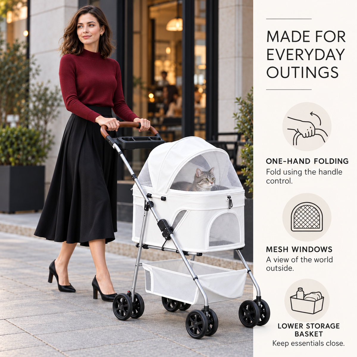 3-Wheel Pet Stroller with Detachable Basket