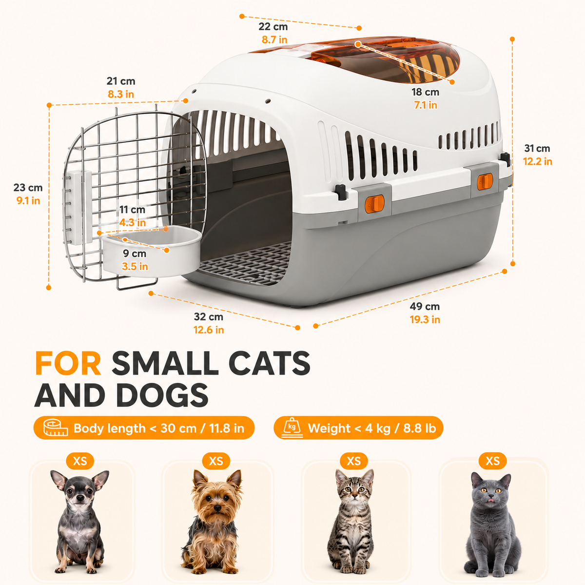 PawHut Cat & Small Dog Transport Crate – Steel Door, Food Bowl Included
