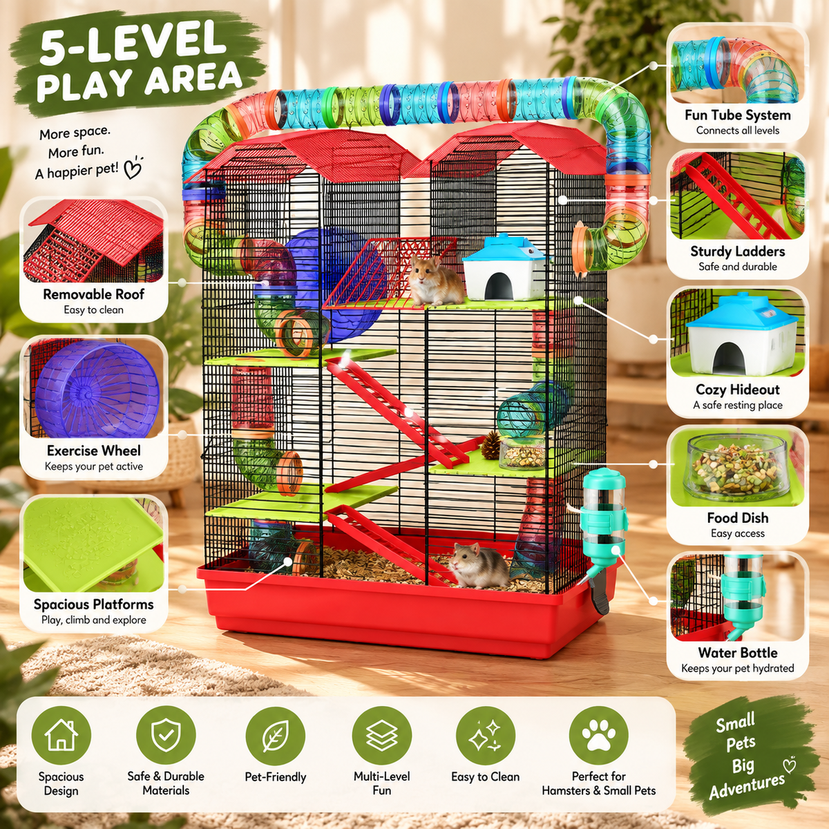 PawHut Hamster Cage – 2-Level with Wheel, Tunnel & Accessories – 47x30x59cm