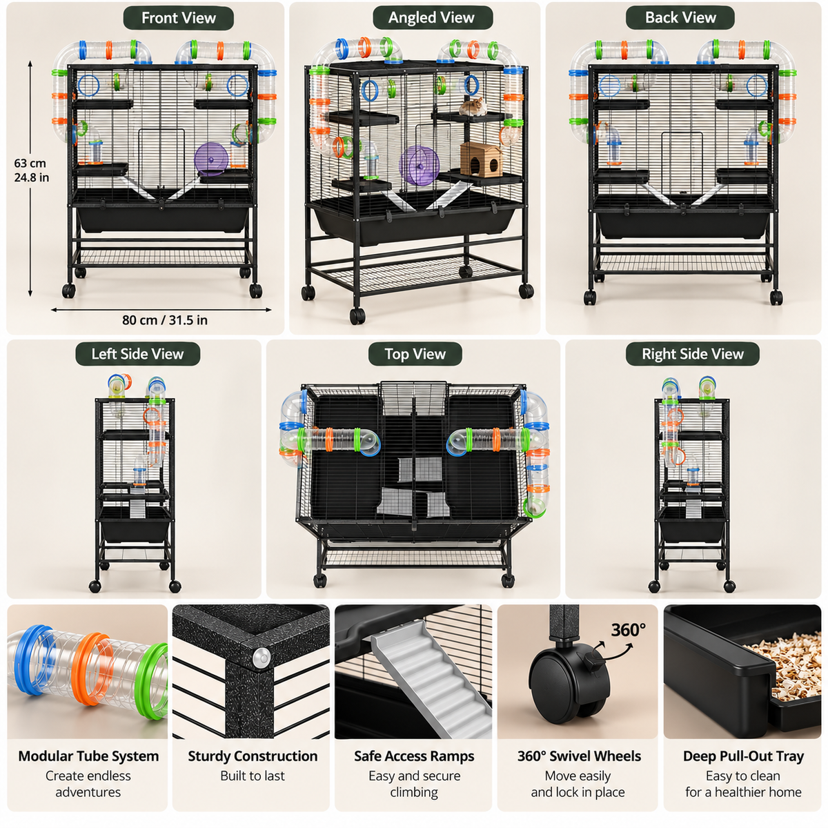 XXL Hamster Cage – 109x82x46cm Metal Black with Tubes, Wheel, Platforms & Accessories